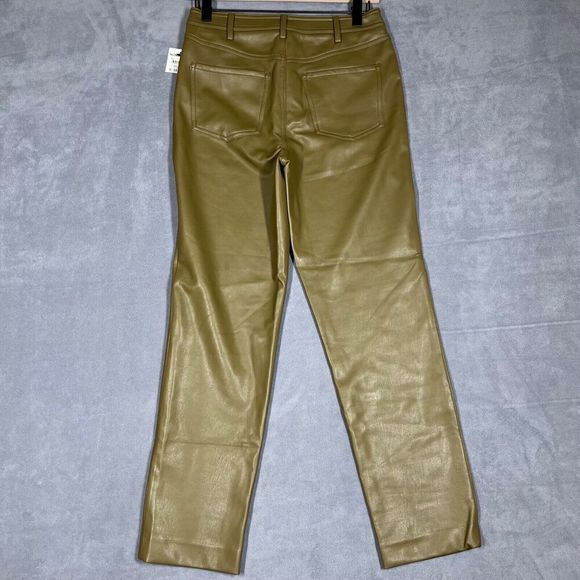 Halogen Womens Pants 4 Olive Vegan Faux Leather Mid-Rise Straight Leg Ankle NEW - Picture 2 of 9